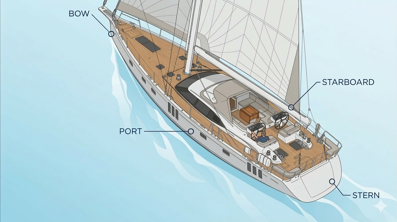 Diagram of a sailboat hull showing bow, stern, port, and starboard labels