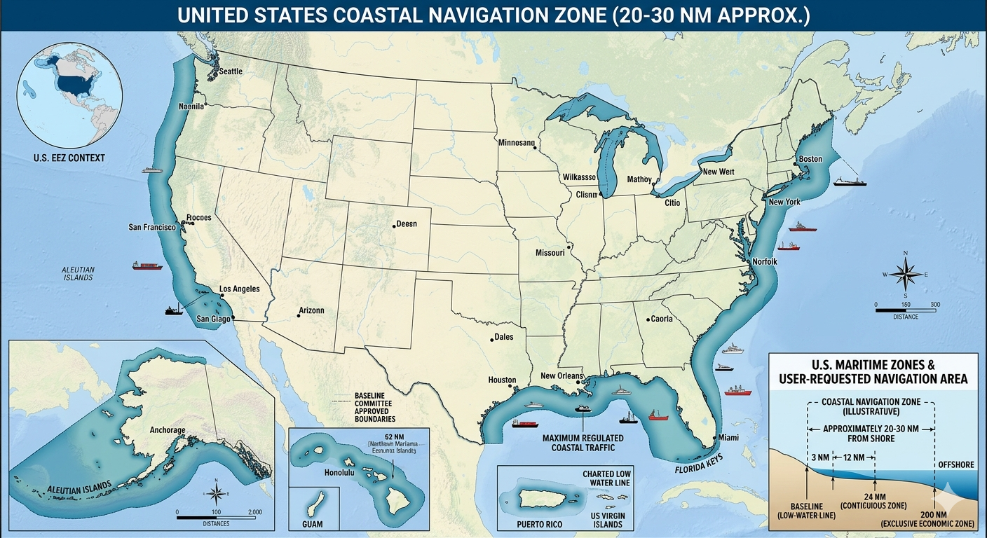 Diagram showing the coastal navigation zone extending roughly 20-30 nautical miles from shore