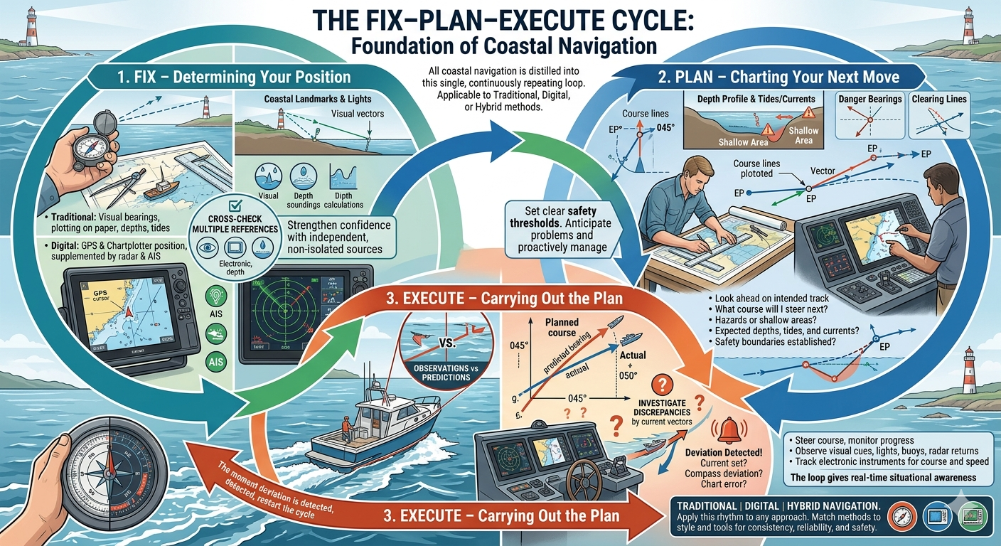 Circular diagram showing the three phases of the navigation cycle: Fix, Plan, and Execute, connected by arrows