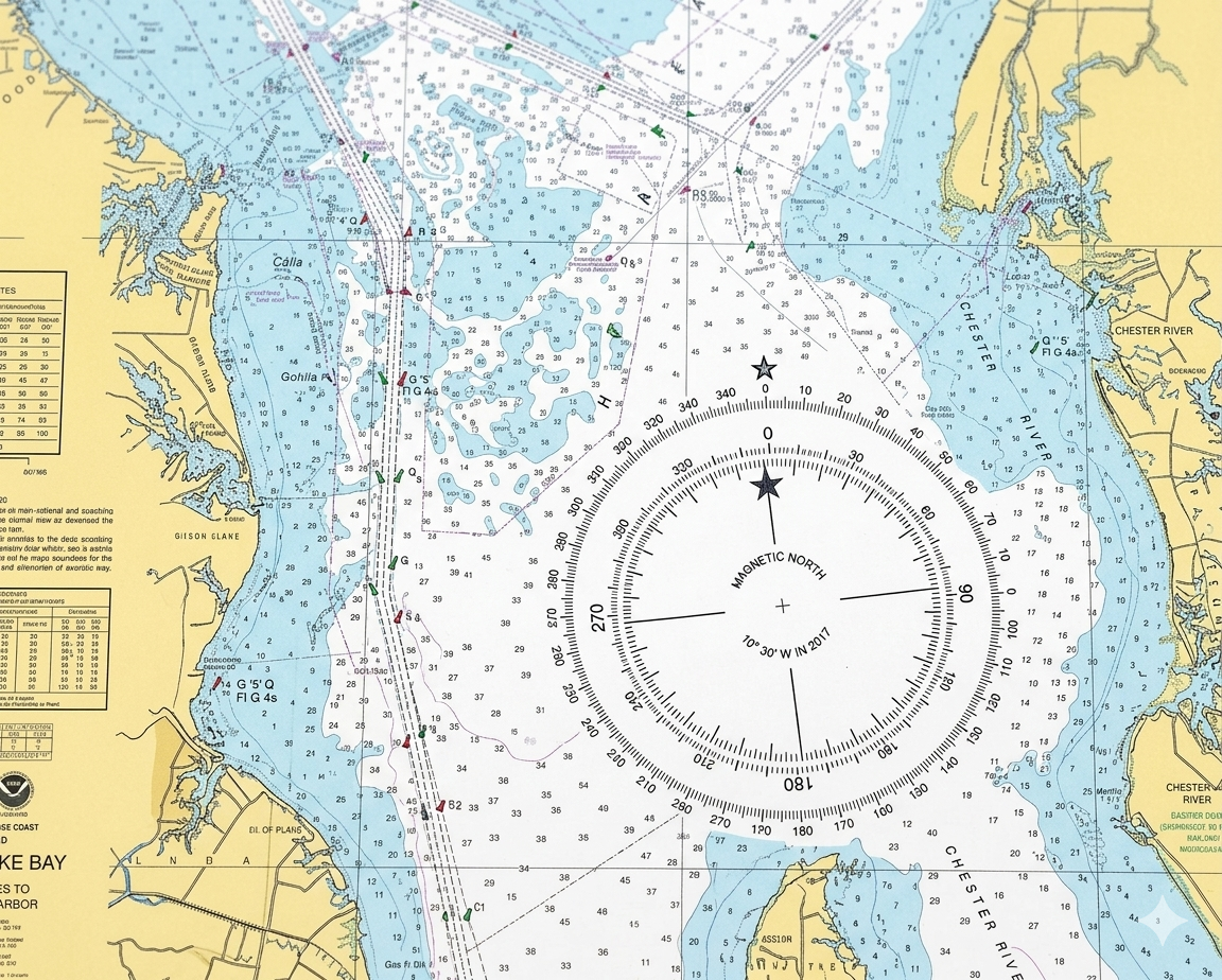 Sample nautical chart showing depth soundings, contour lines, buoys, a lighthouse, and a harbor entrance