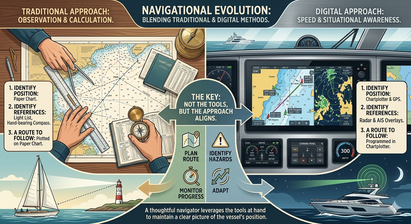 Illustration of essential coastal navigation tools laid out on a chart table: charts, dividers, parallel rulers, hand-bearing compass, binoculars, pencils, and a logbook