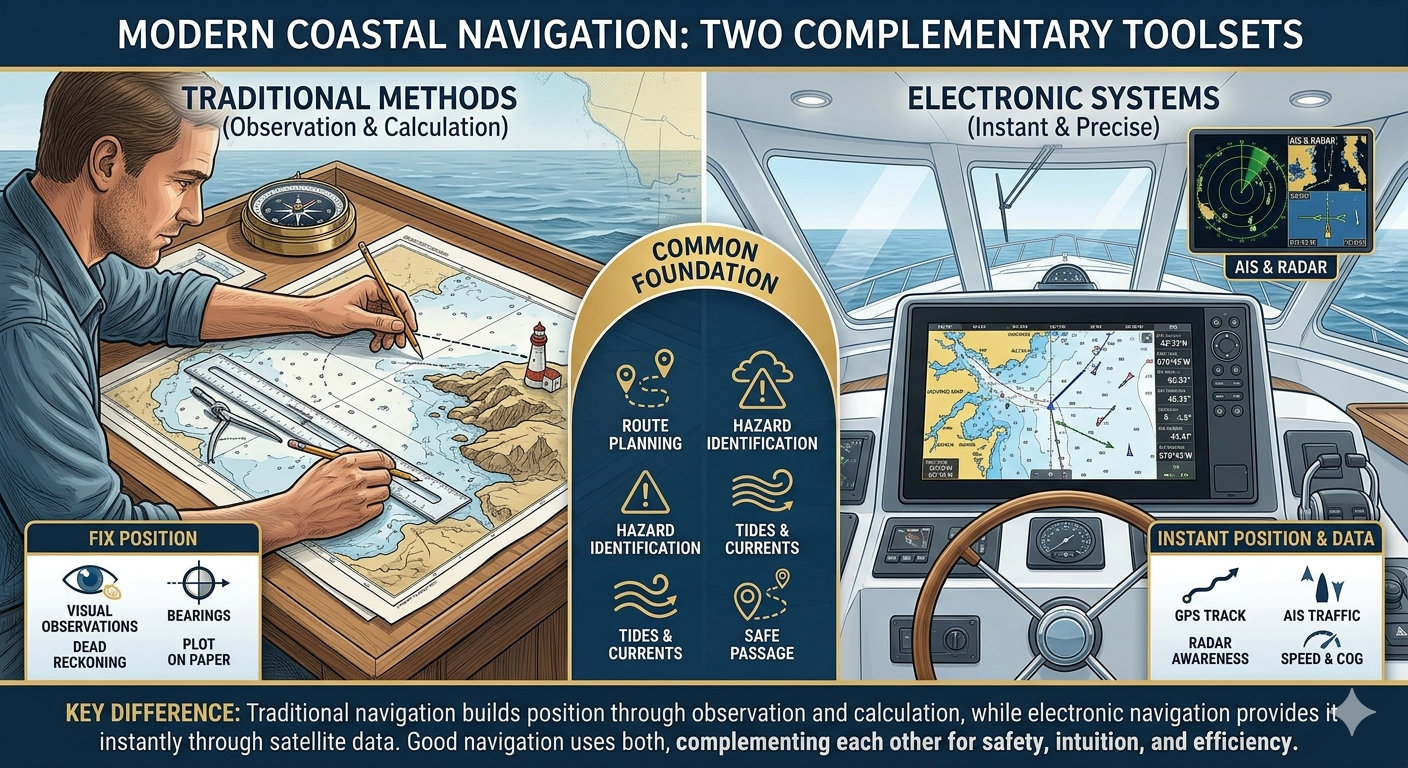 Side-by-side comparison of a traditional chart table with paper charts and tools versus a modern chartplotter display